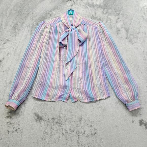 Vintage Anna Kirste Tie Neck Long Sleeve Striped Chiffon Blouse Size 4 Pastel - Picture 1 of 10